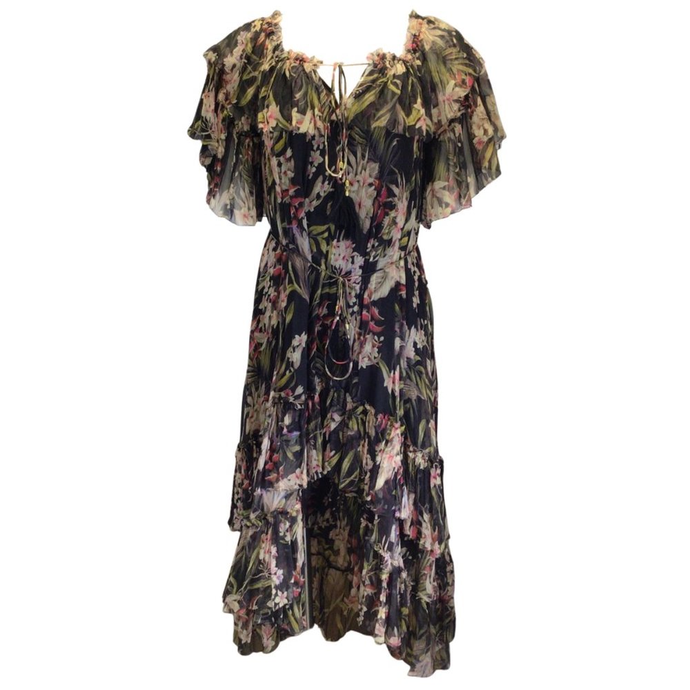 ZIMMERMANN BLACK MULTI FLORAL PRINTED CURACAO PALM SHOULDER DRESS